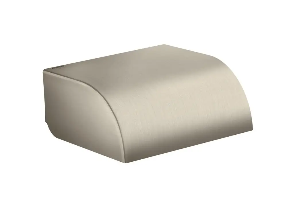Toilettenpapierhalter in gebürstetem Nickel mit abgerundeter Form. Das Design ist funktional und von der Marke AXOR.